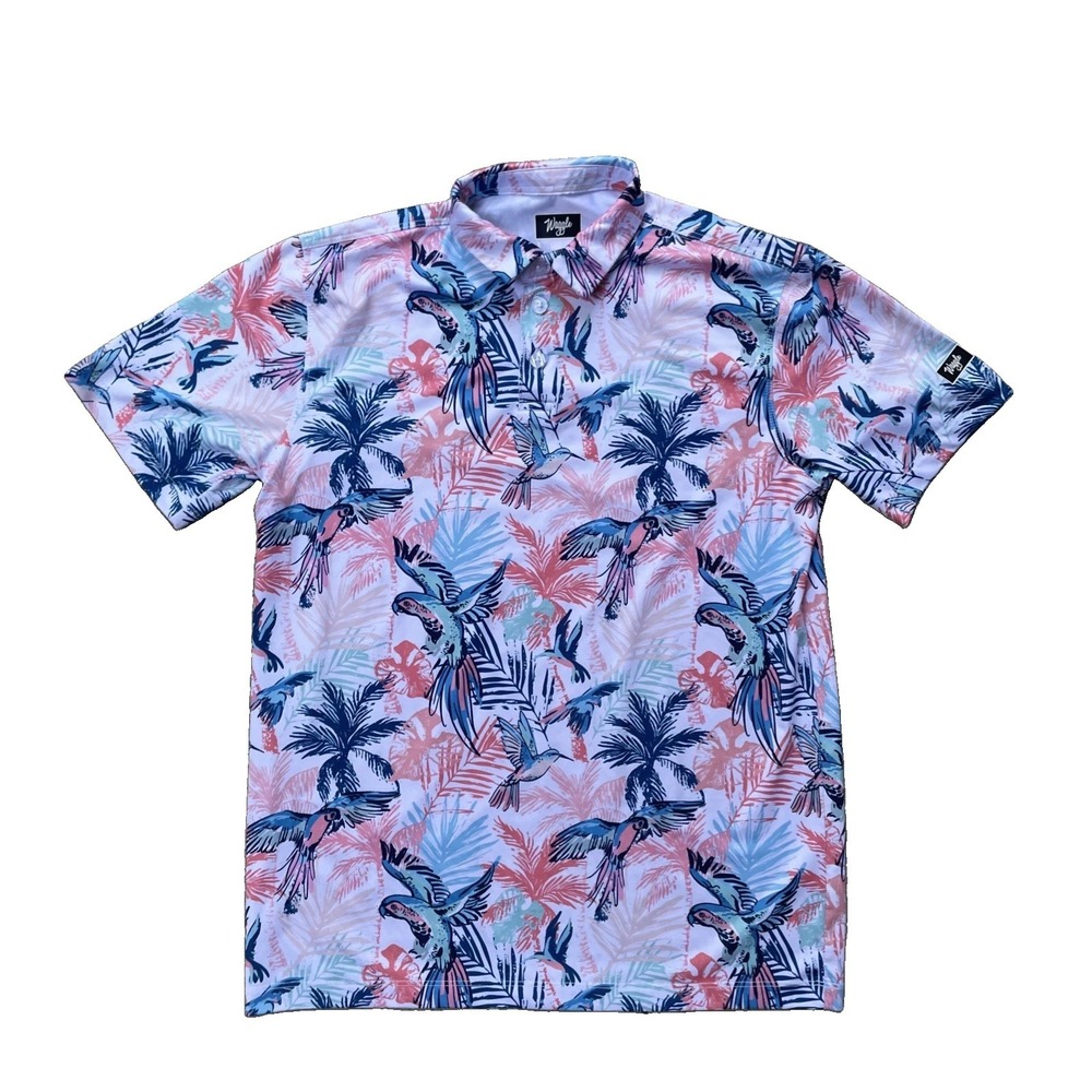 Waggle Boys Golf Polo Size L Tropical Parrot Palm Tree Print 92% Polyester